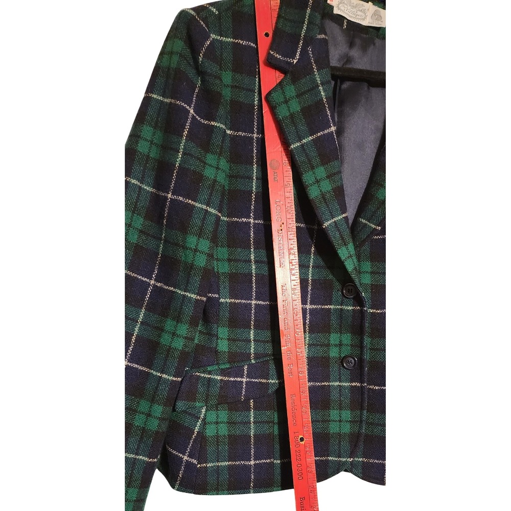 VTG The Villager Blazer Women's Glen Plaid Green Blue Wool Jacket Size 14 - Picture 6 of 8